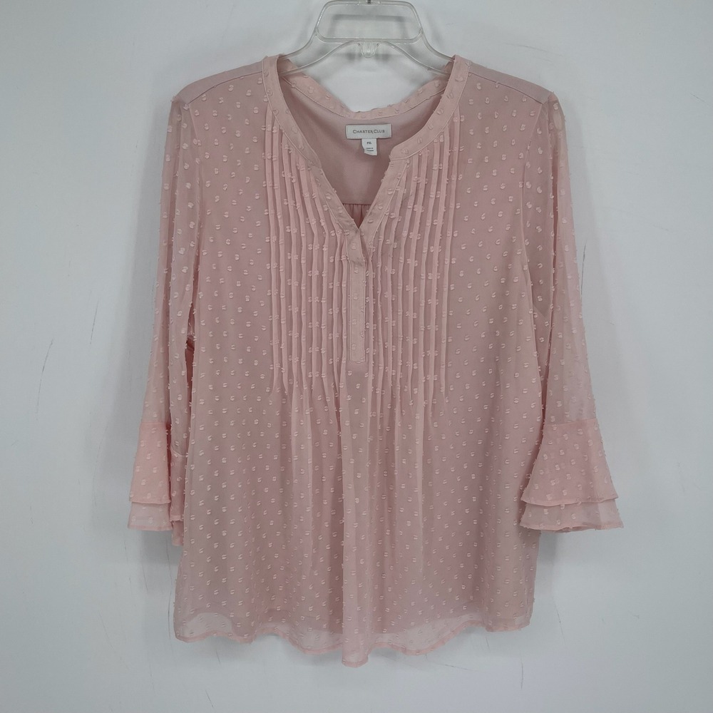 Charter Club Women's Pink Swiss Dots Pintuck Bell Sleeve Chiffon Blouse Size XLP